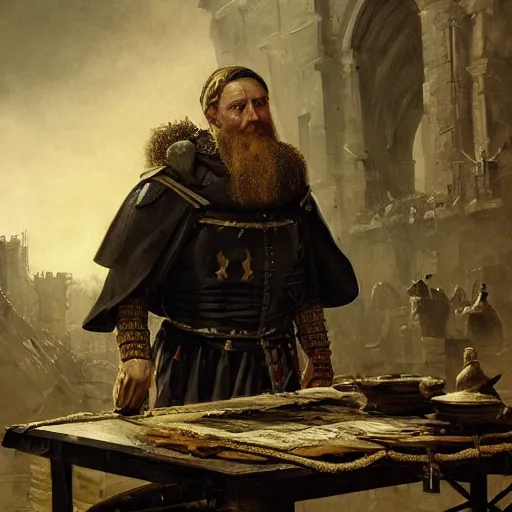 Prompt: Portrait of frustrated and acerbic male medieval sergeant with a short beard wearing a {black and yellow tabard} over a steel breastplate and a black gambeson looking at a war map on a table, by Greg Rutkowski, {perfect face}, {perfect eyes}, fantasy