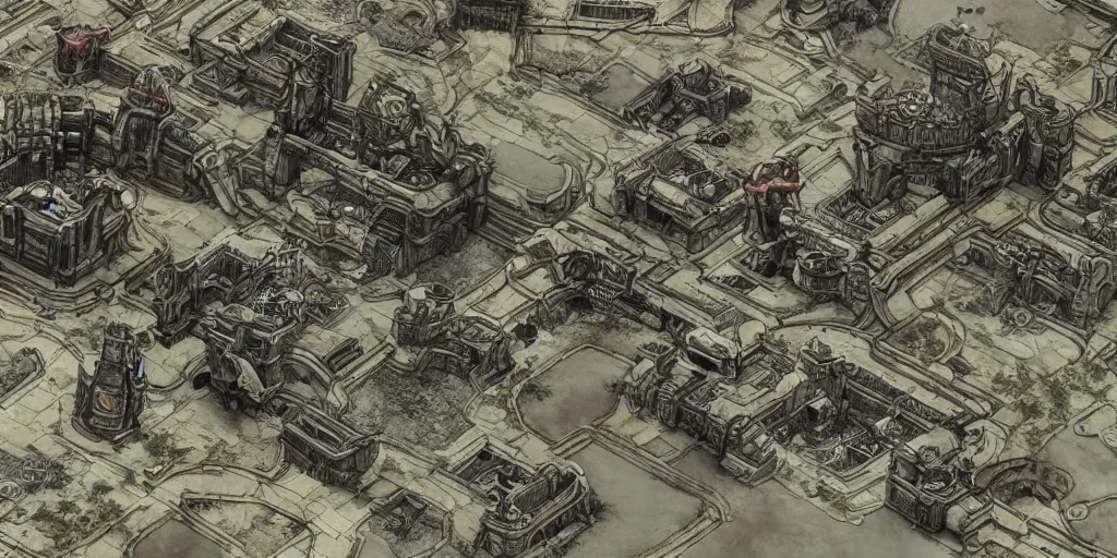 Image similar to top down gears of war map, symmetrical outpost, hand drawn, architectural design blueprints