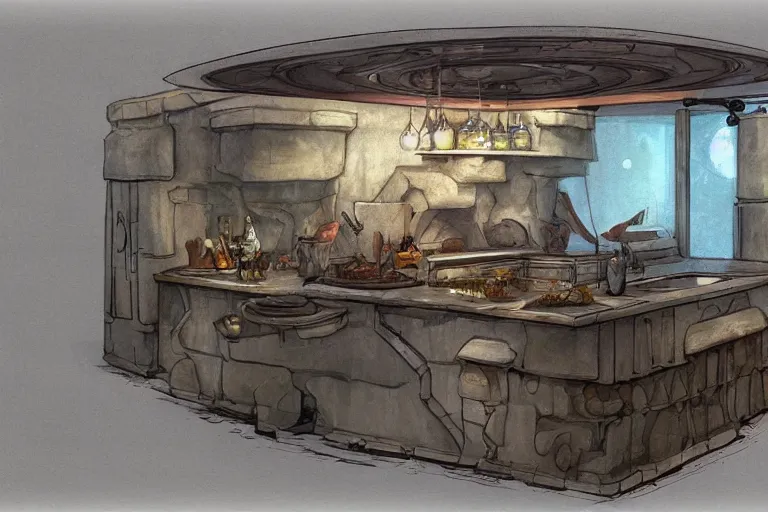Prompt: underwater kitchen island, dungeons and dragons concept art
