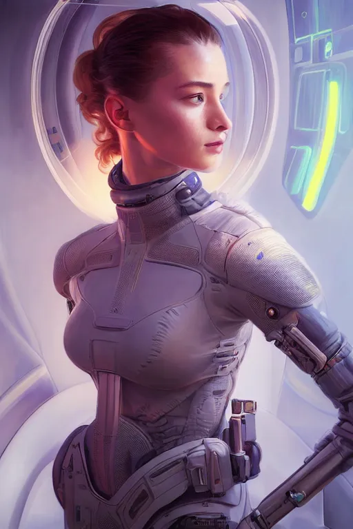 Prompt: portrait futuristic beautiful South Europe Airforce armored pilot Girl, at inside of future fighter aircraft, ssci-fi, fantasy, intricate, very very beautiful, elegant, human anatomy, neon light, highly detailed, digital painting, artstation, concept art, soft light, smooth, sharp focus, illustration, art by tian zi and WLOP and alphonse mucha