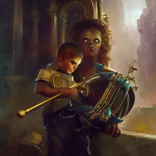 Image similar to stunning portrait of 3yo greek argonaut Orpheus playing the golden lyre, painting by Raymond Swanland, cyberpunk, sci-fi cybernetic implants hq
