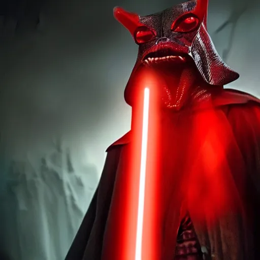 Prompt: darth jar jar binks as a sith lord, holding a red lightsaber, dark room, low light, dim, detailed, photorealistic, 4k, award winning