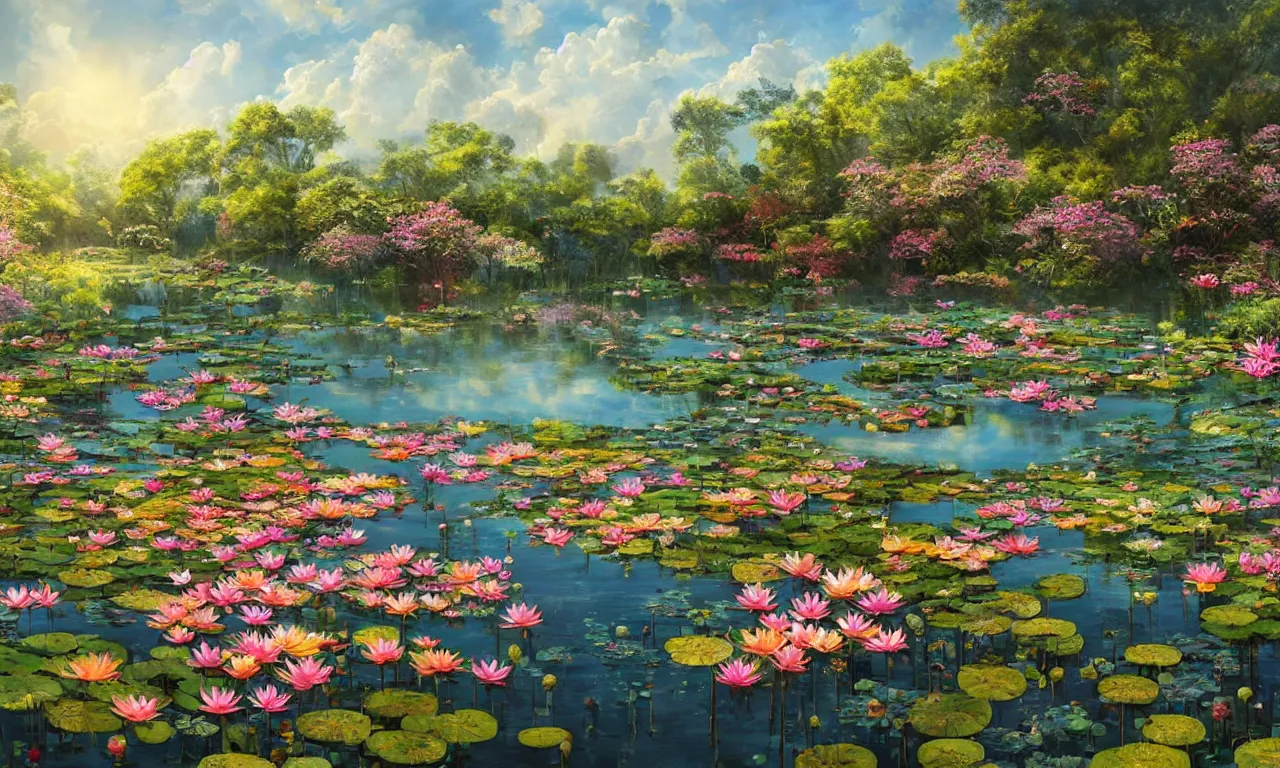 Prompt: breathtaking detailed digital cinematic painting of a pond full of numerous vibrant intricated lotus with ribbons of gold, big flowers in a sunlit blue sky whith plump white clouds, art by johannes voss, kelogsloops and anato finnstark, elegant, highly detailed, artstation, 8 k, unreal engine, hdr, concept art, matte, sharp focus,