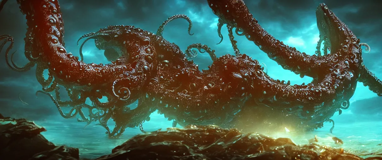 Prompt: ocean monster with big tentacles lighting establishing shot extremely high detail foto realistic cinematic lighting post processed