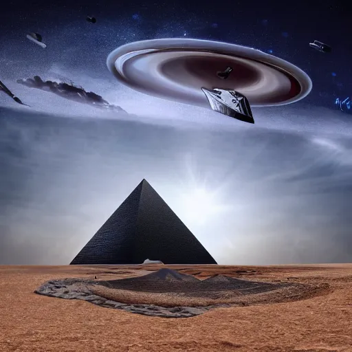 Prompt: an epic view of a giant glass obsidian pyramid rises out of the sand, surrounded by clouds, a giant disc shaped spaceship with a symbol of the knights templar hovers above, ufo, spaceship, dust, dramatic lighting, artstation