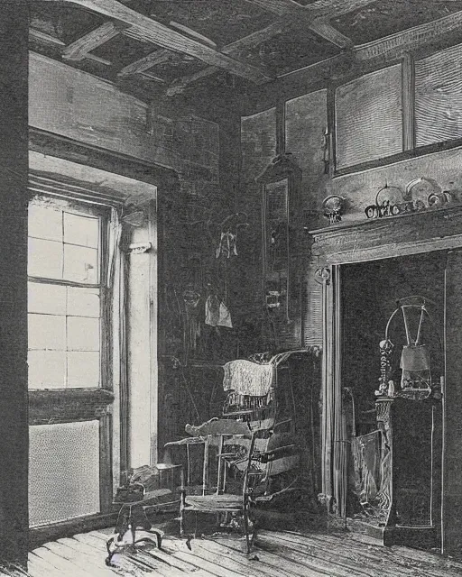 Prompt: the interior of an old cottage in cumberland that is probably haunted, delicate embellishments, painterly, offset printing technique, directed by brom, robert henri, walter popp