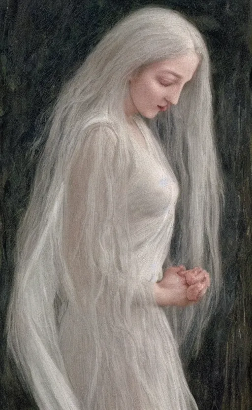 Image similar to say who is this with silver hair so pale and wan! and thin!? female angel, wearing white robes flowing hair, pale fair skin, you g face, silver hair, covered!!, clothed!! lucien levy - dhurmer, fernand keller, oil on canvas, 1 8 9 6, 4 k resolution, aesthetic!, mystery