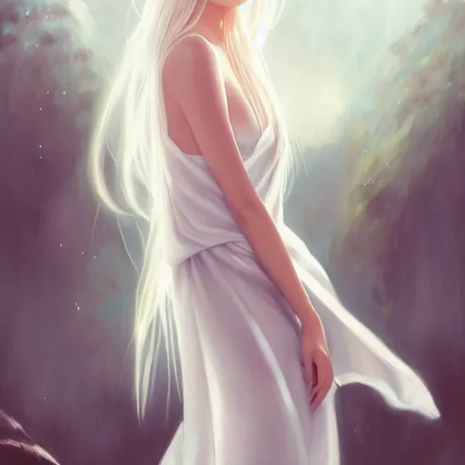 Prompt: rima mashiro, wearing a white dress, modeling, absurdly long hair, blonde hair, hair down to floor, cute eyes, wonderful masterpiece, highly detailed, cinematic light, deep focus, wide shot, digital painting, smooth, dramatic illumination, ultra realistic, 4 k, art by greg rutkowski wlop rossdraws