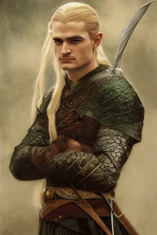 Image similar to Portrait of Legolas from Lord of the Rings, diffuse lighting, fantasy, intricate, elegant, highly detailed, lifelike, photorealistic, digital painting, artstation, illustration, concept art, smooth, sharp focus, art by John Collier and Albert Aublet and Krenz Cushart and Artem Demura and Alphonse Mucha