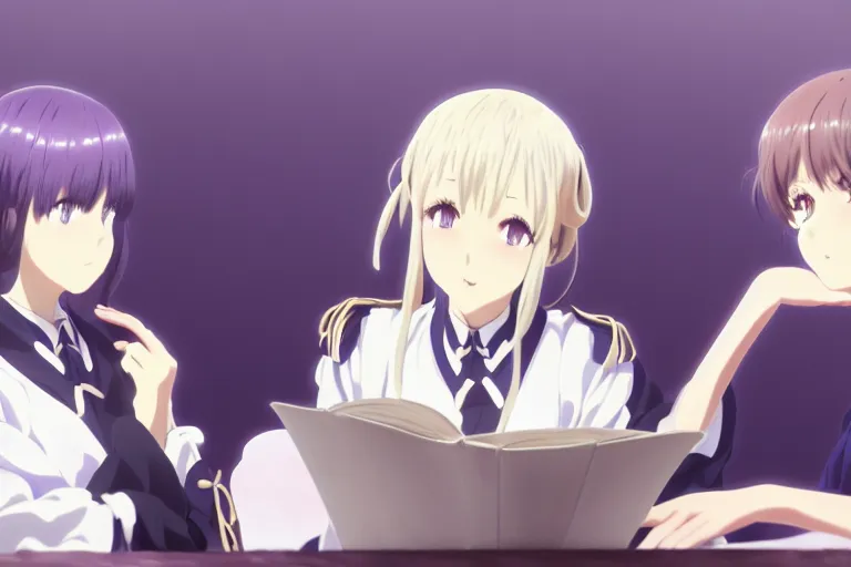 Image similar to portrait of two wise and very beautiful women discussing some texts appearing in a computer screen, anime key visual of violet evergarden, intricate, elegant, highly detailed, smooth, sharp focus, artstation