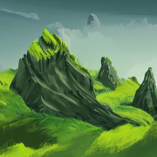 Prompt: a landscape of extremely high and pointy rocks with small green vegetation, concept art