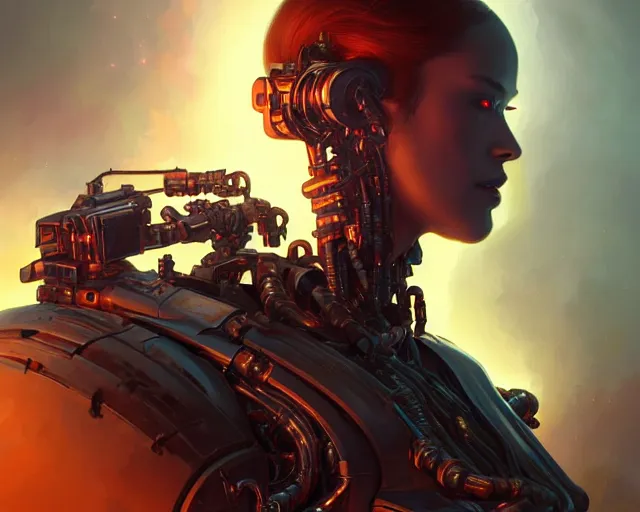 Image similar to terminator cyborg, photography of kurzgesagt, deep focus, d & d, fantasy, intricate, elegant, highly detailed, digital painting, artstation, concept art, matte, sharp focus, illustration, hearthstone, art by artgerm and greg rutkowski and alphonse mucha