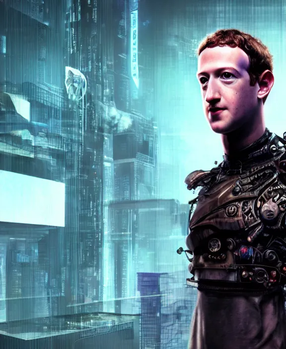 Prompt: Mark Zuckerberg wearing evil cyberpunk steampunk armour by Moebius, 4k resolution, detailed