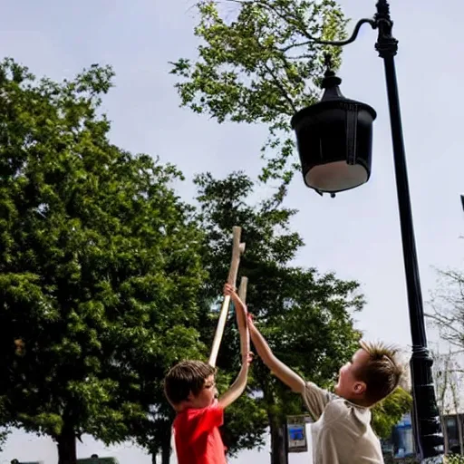 Prompt: a kid completely and unrhythmically twatting a lamp post with a stick