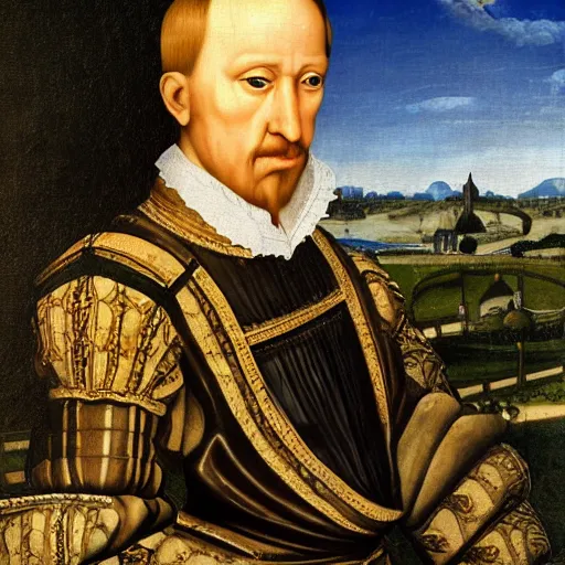 Prompt: Ornate Painting of a renaissance nobleman with a manor house in the background. highly detailed, realistic