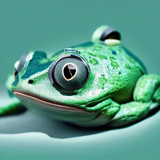 Image similar to cyborg frog with a camera lens as a head, clean design, front profile, monochromatic photo