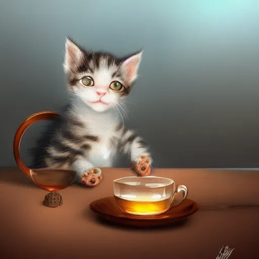 Image similar to Kitten drinking tea, dramatic scene, masterpiece digital painting by Greg Rutkowski, Alex Grey, artstation, 4k wallpaper