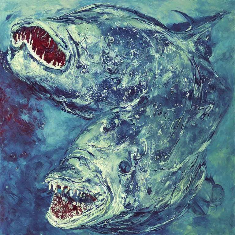 Image similar to Realistic Studio Photograph of a deep sea chimaera fish deep underwater, award-winning nature deep sea expressionistic impasto oil painting by Cy Twombly and Tim Hawkinson vivid colors hyperrealism 8k