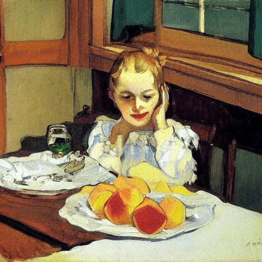 Image similar to a girl with phones and peaches on a table sits at a table in a sunny room, the window is open, by valentin serov