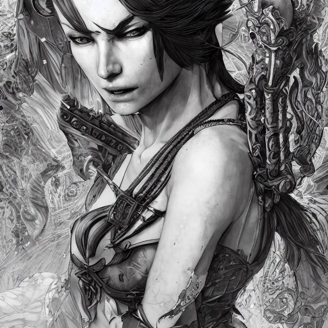 Image similar to the portrait of neutral evil fallen female dark knight vagabond as absurdly beautiful, gorgeous, elegant, sophisticated, idol, an ultrafine hyperdetailed illustration by kim jung gi, irakli nadar, intricate linework, bright colors, octopath traveler, final fantasy, unreal engine 5 highly rendered, global illumination, radiant light, detailed and intricate environment