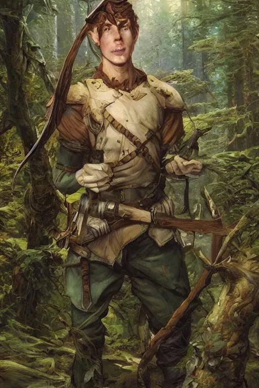 Prompt: beautiful oil painting with high detail of a young attractive male wood-elf ranger with yellowish skin, and dark green and brown hair from dungeons and dragons in the forest by artgerm and greg rutkowski and thomas kinkade