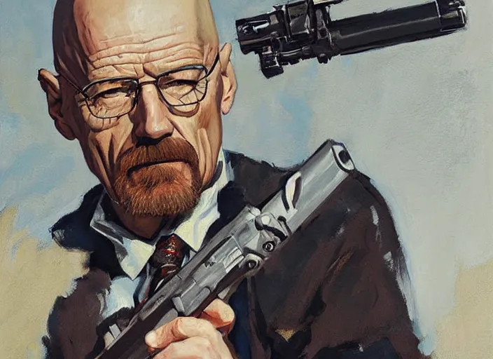 Image similar to a highly detailed beautiful portrait of walter white with a gun, by gregory manchess, james gurney, james jean