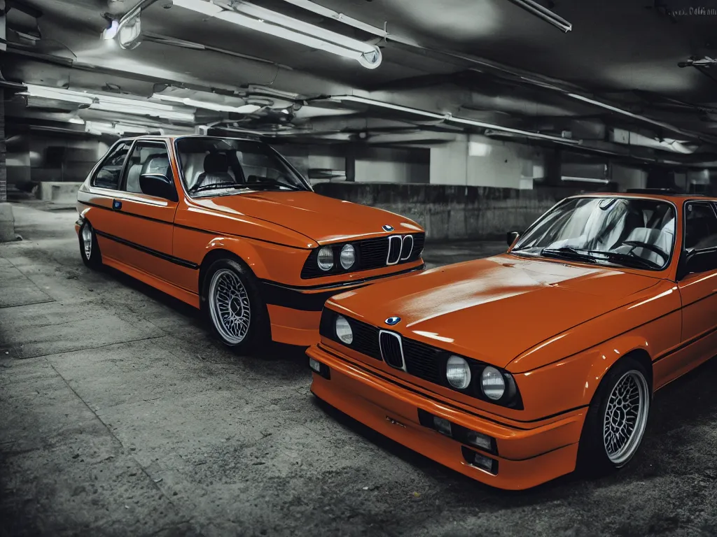 Image similar to a modified bmw e 3 0 with lights on in a futuristic neon parking garage, 3 5 mm photography, car photography, clean lines, realistic