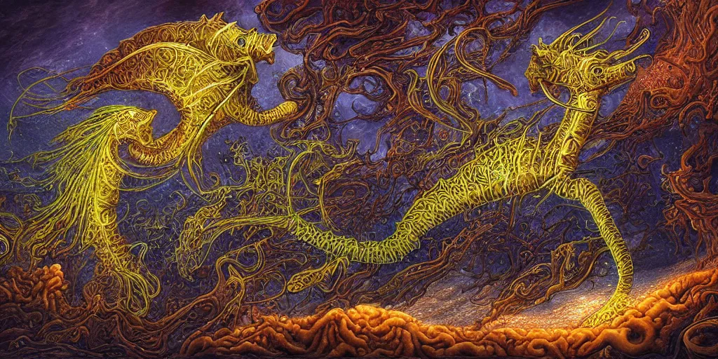 Image similar to bioluminescent seahorse by dan seagrave art