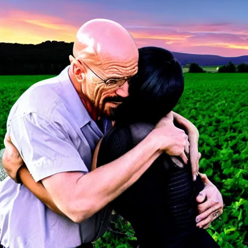 Prompt: walter white hugging kim kardashian, in a farm field, sunset