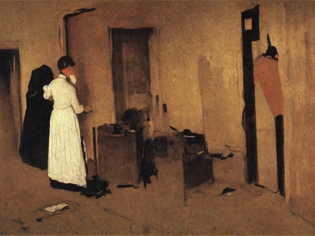 Prompt: Woman setting the interior of a house on fire. The walls are full of old paintings. Painting by Felix Vallotton, John Everett Millais