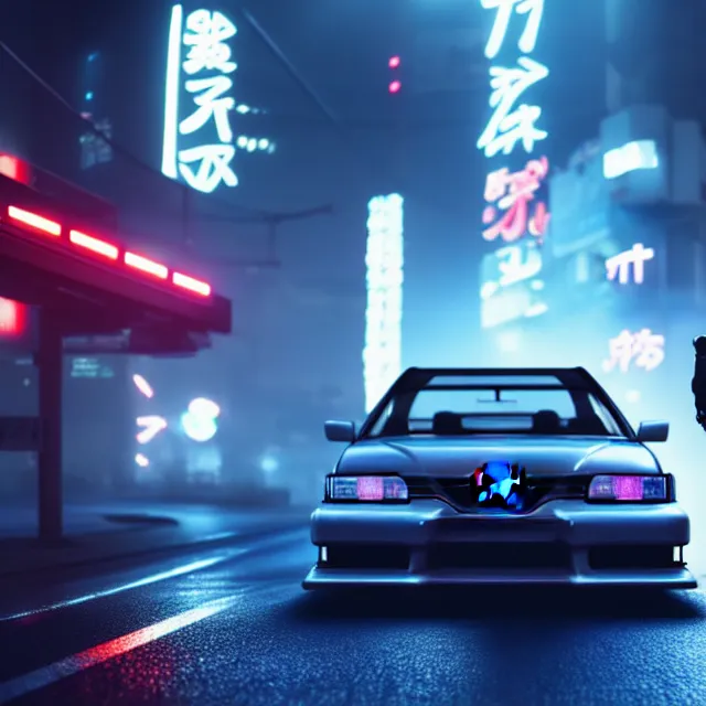 Image similar to toyota jzx 1 0 0 illegal drift with hot cyberpunk robot girl standing, detailed wheels, shibuya prefecture, cinematic lighting, fog mist smoke, photorealistic, night photography, octane render by tomino - sama