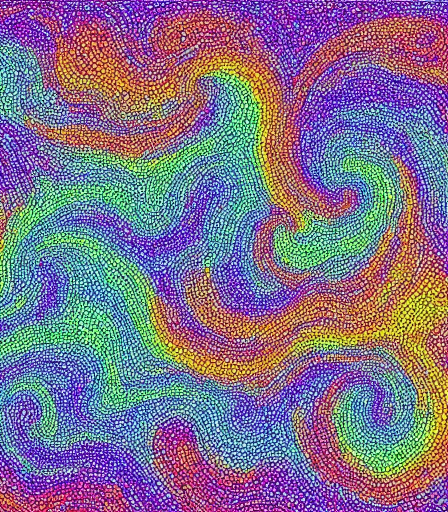 Image similar to a painting of the perfect, symmetrical wave, lineart!, pointilism, low saturation colors, triadic color palette, high detail