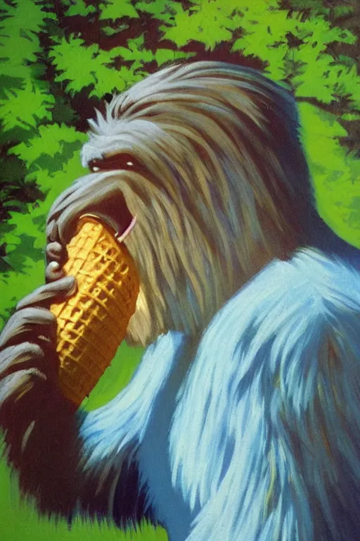 Image similar to bigfoot eating an ice cream cone, masterpiece, dramatic light and shadow, saturated colors, ciaroscuro. painted by norman rockwell