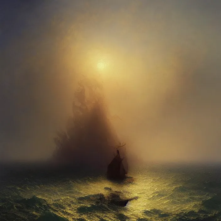 Image similar to a beautiful painting of the gold world tree on the sea by ivan aivazovsky and greg rutkowski and james gurney, in style of impressionism. dark fantasy, elden ring, hyper detailed, sharp focus, soft light. unreal engine 5, oil on canvas, ray tracing. trending on artstation