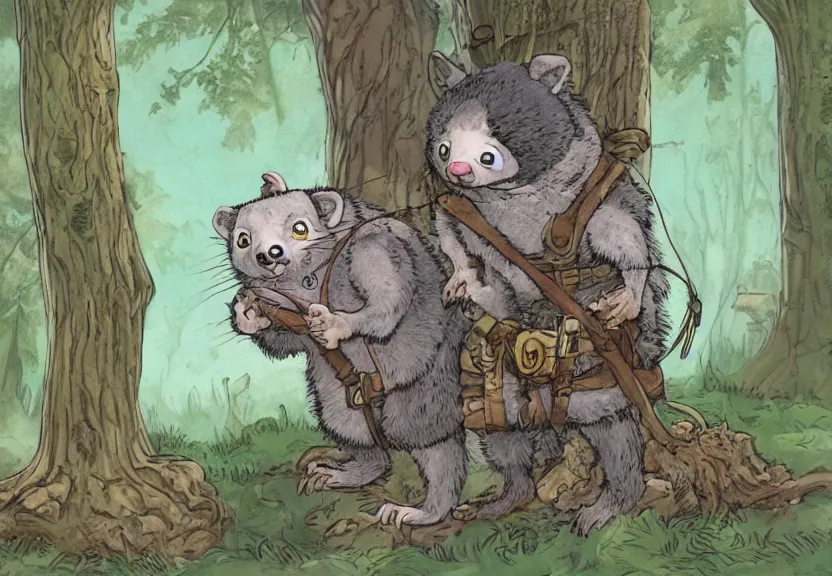 Prompt: possum dressed as an adventurer, hidden in the forest, colorized, highly detailed, 4k, trending on Artstation, award-winning, art by Maurice Sendak