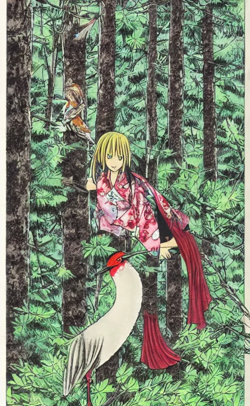 Prompt: by eiichiro oda, full color manga art, girl next to a japanese crane bird in japanese pines, trading card front, kimono, realistic anatomy, sun in the background