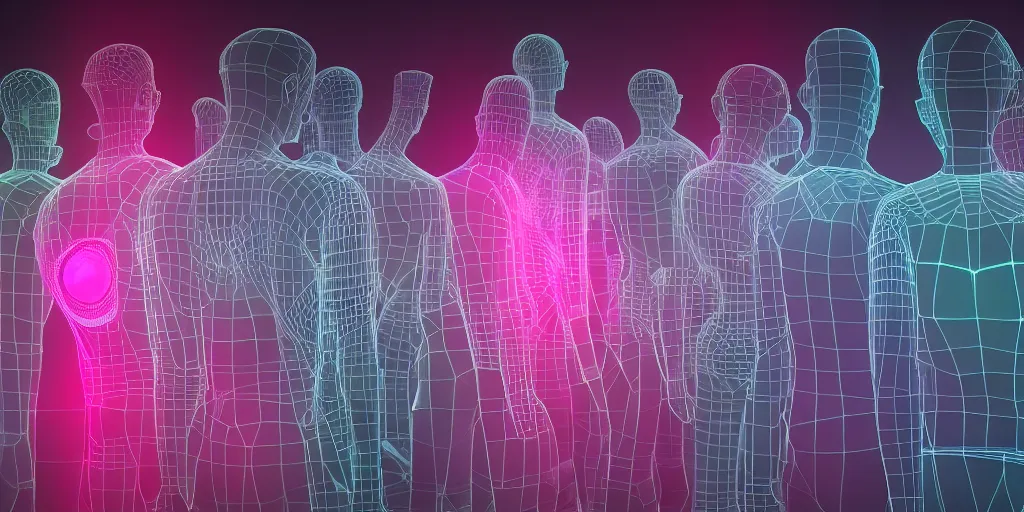 Image similar to diverse groups of humans with glowing electronic body implants projecting amazing 3D graphics, from behind, rebirth, beauty, wide angle, elaborate, wet, highly detailed, colors, beautiful lighting