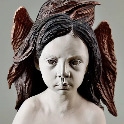 Image similar to painted portrait sculpture of angry girl angel