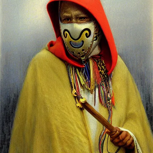 Image similar to a shaman in a rainbow hooded poncho, a venetian mask and holding a gold cane. by alan lee