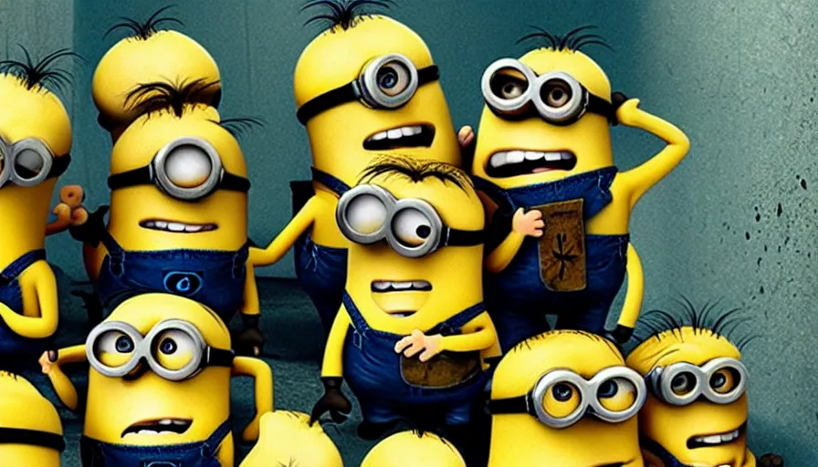 Image similar to the movie se7en!!!!!!!!! starring minions, movie still, directed by David fincher