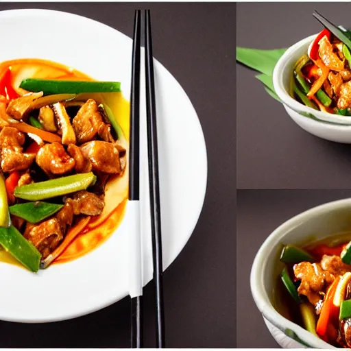 Prompt: anonymous eating dinner of thai sweet and sour pork stirfry, epic award - winning professional food photography