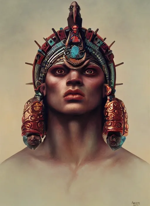 Prompt: portrait of a macho aztec god, by bogdan rezunenko and denys tsiperko and tom bagshaw, hyperrealism