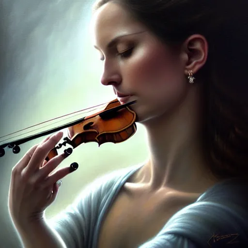 Image similar to closeup portrait photo of a woman playing violin, intricate, elegant, highly detailed, centered, digital painting, artstation, concept art, smooth, sharp focus, illustration, artgerm, tomasz alen kopera, peter mohrbacher, donato giancola, joseph christian leyendecker, wlop, boris vallejo