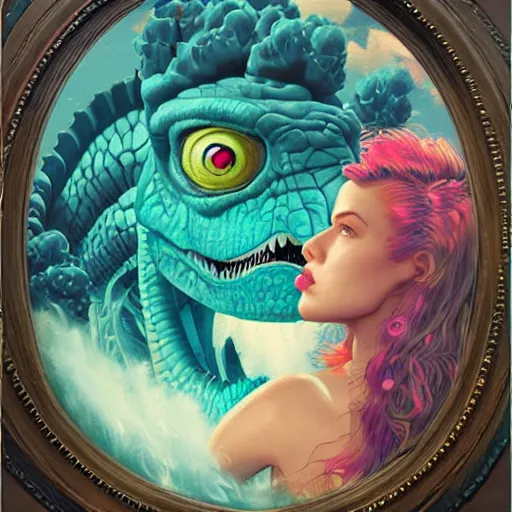 Image similar to Lofi vaporwave portrait dinosaur, Pixar style, Tristan Eaton, Stanley Artgerm, Tom Bagshaw