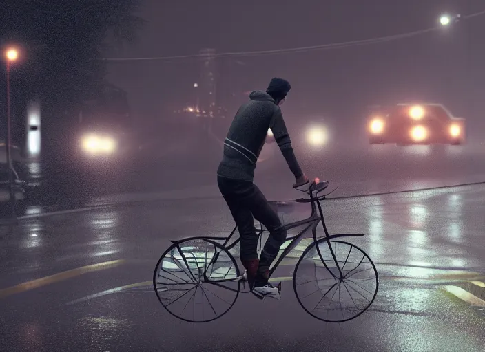 Image similar to uber eats delivery driver on a bicycle, mega details, greg rutkowski, orange lights, heavy rain, fog, beautiful rtx reflections, photorealistic, unreal engine 5, octane render, volumetric light, cg society, 4 k, bokeh, artstation