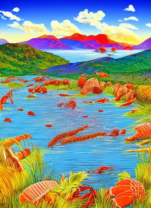 Prompt: welcome to Lobster Tail National Park! Lobster Shells, Mountains, Vibrant Colorful Tourism Poster