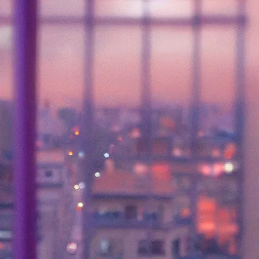 Prompt: <photograph accurate=true quality=very-high>looking out the window at a busy city street</photograph><augment>purple sky</augment>