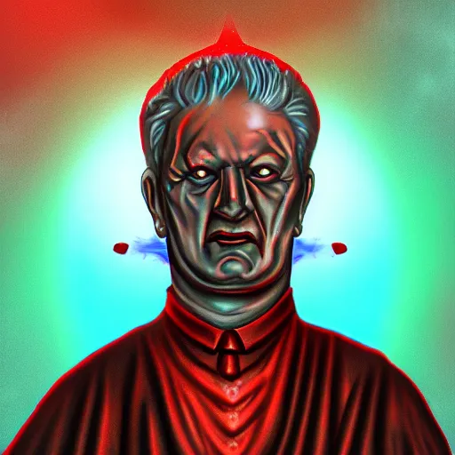 Image similar to yeltsin on an icon with a halo of blood, scary icon in hellish style, scary color art in 4 k