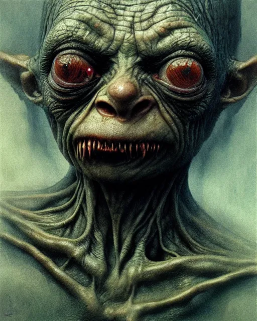 Image similar to gollum lotr ugly, ultra detailed, ultra realistic, by beksinski, alejandro jodorowsky, giger, greg rutkowski, carne griffith trending on artstation, deviantart, photorealism