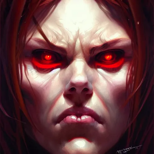 Prompt: face portrait of angry demon, realistic, high qulity, 4 k, sharp fucos, tranding on art station, illustration, art by artgerm and greg rutkowski and alphonse mucha